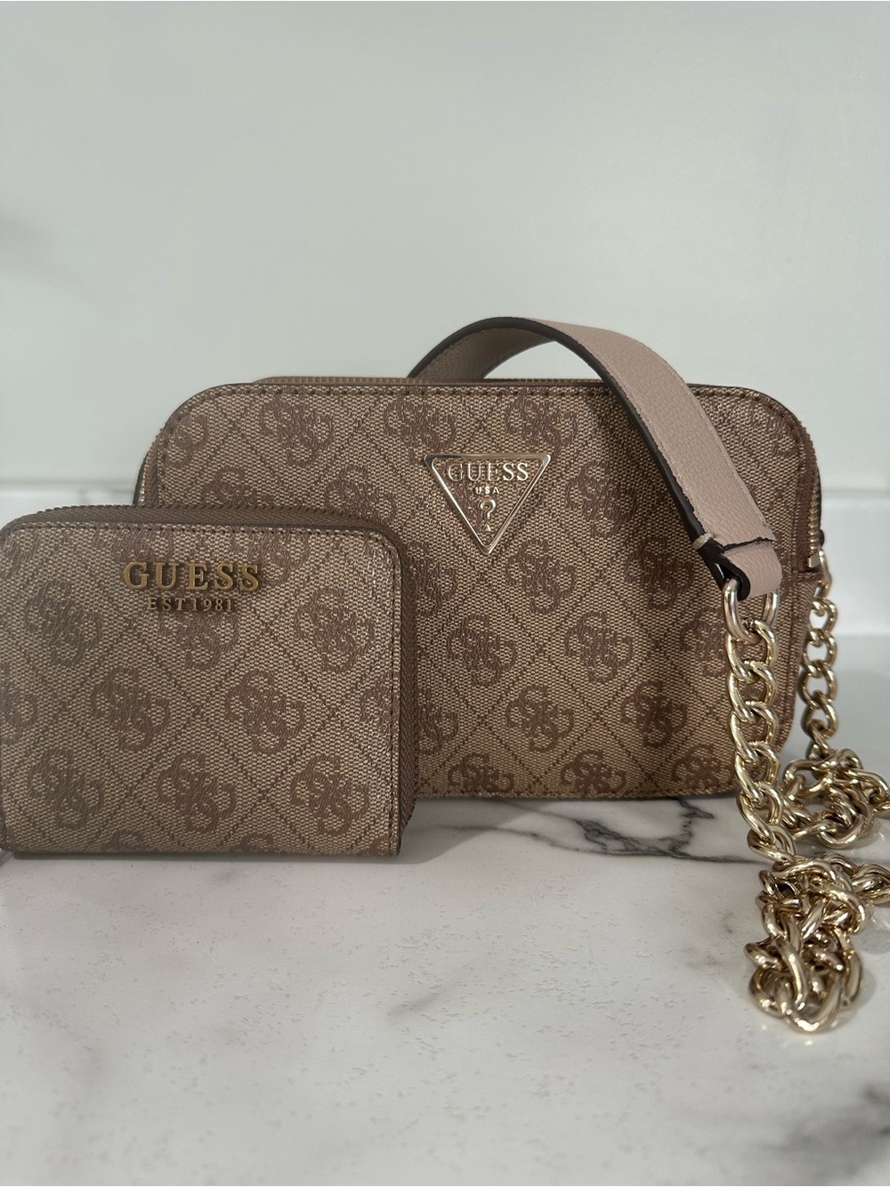 Guess Taupe Monogram Crossbody Bag with Matching Wallet